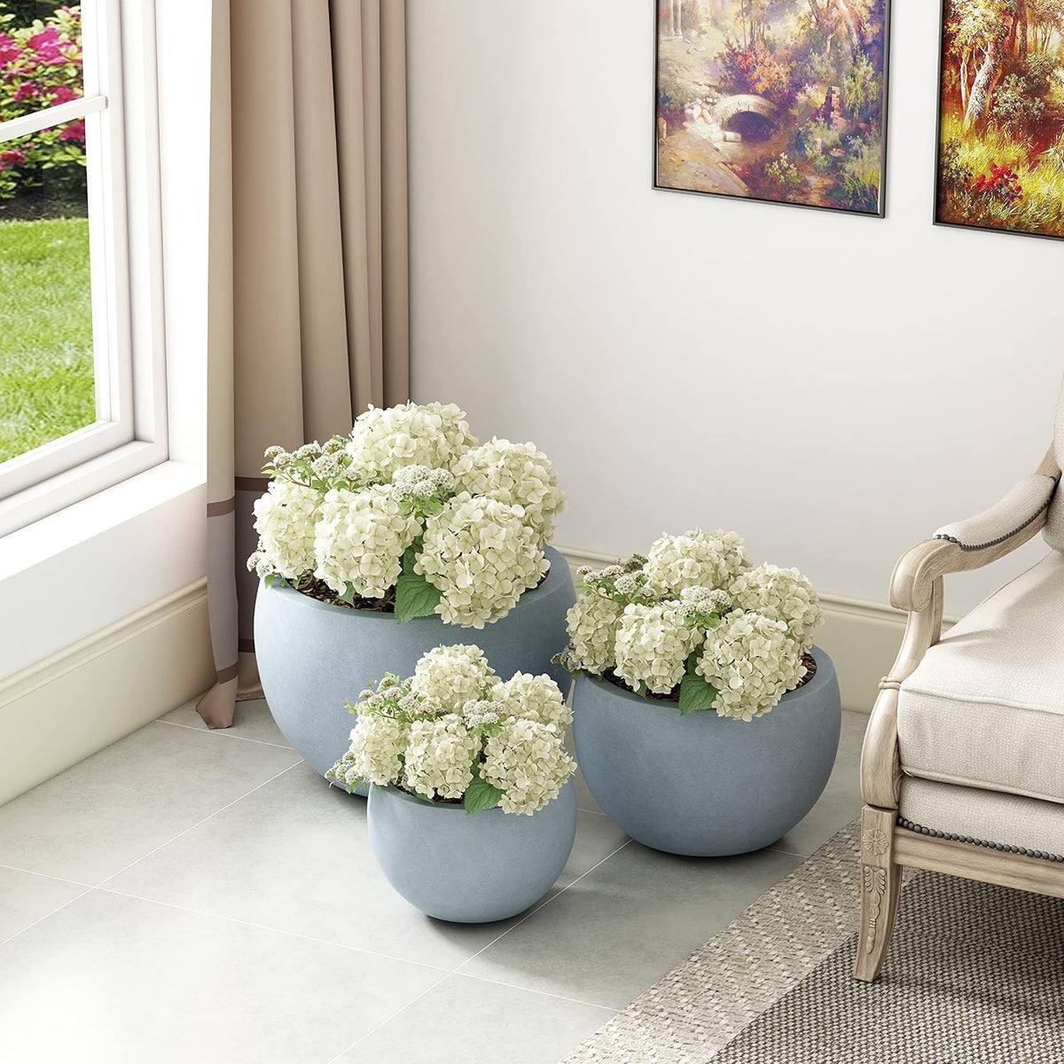 Kante Set of 3 Blue Gray Concrete Bowl Round Planters for Modern Home | Handcrafted, Premium, Durable, All-Weather