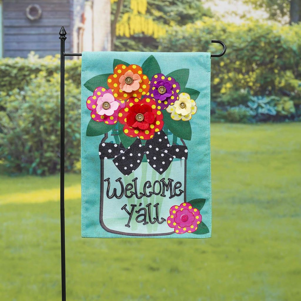 Evergreen Flag Indoor Outdoor Welcome Y'all Bundle Set of 4 - Garden Flag stand and Flag, Sassafras Doormat Frame and