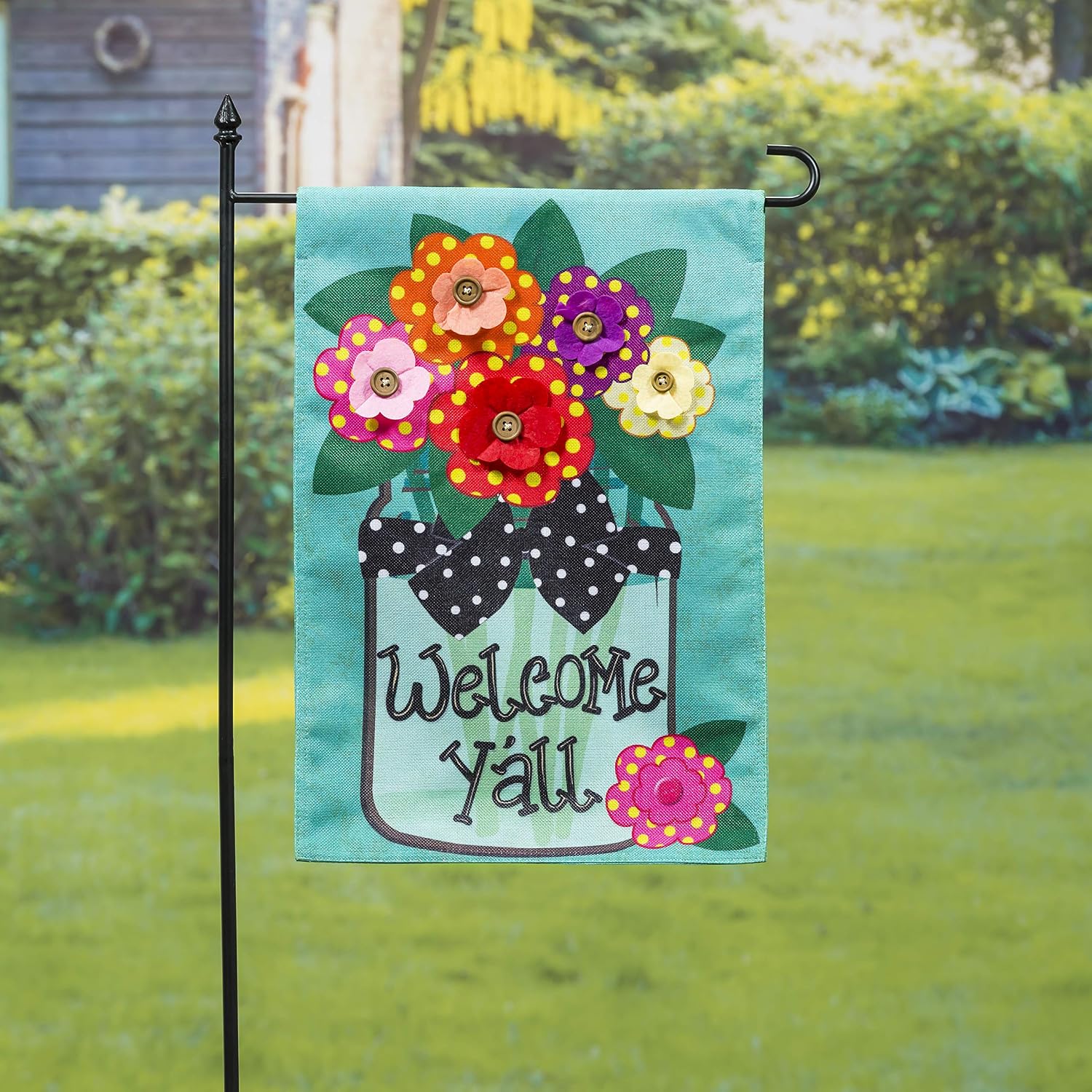 Evergreen Flag Indoor Outdoor Welcome Y'all Bundle Set of 4 - Garden Flag stand and Flag, Sassafras Doormat Frame and