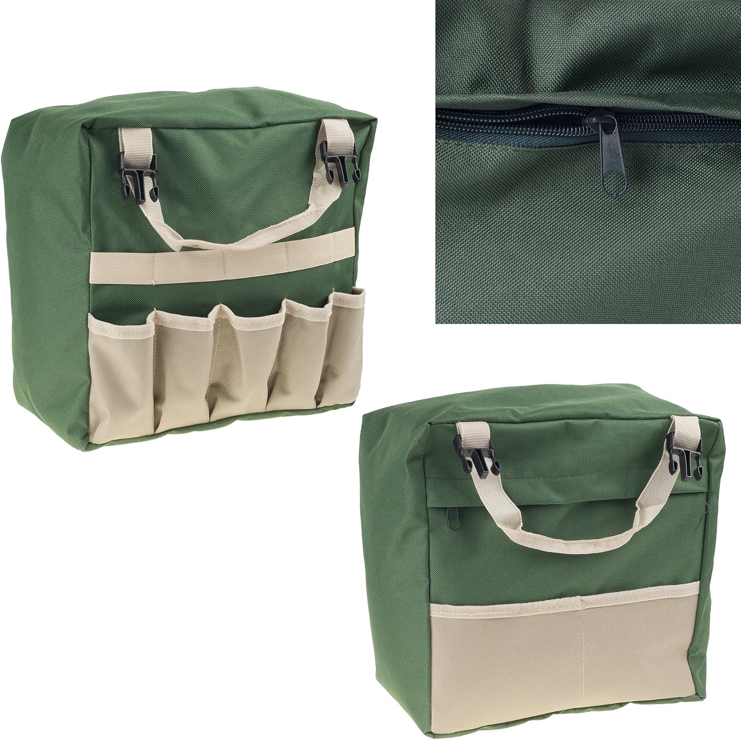 Pure Garden Folding Garden Stool with Tool Bag Plus 5 Garden Tools,Tan, Green and Silver
