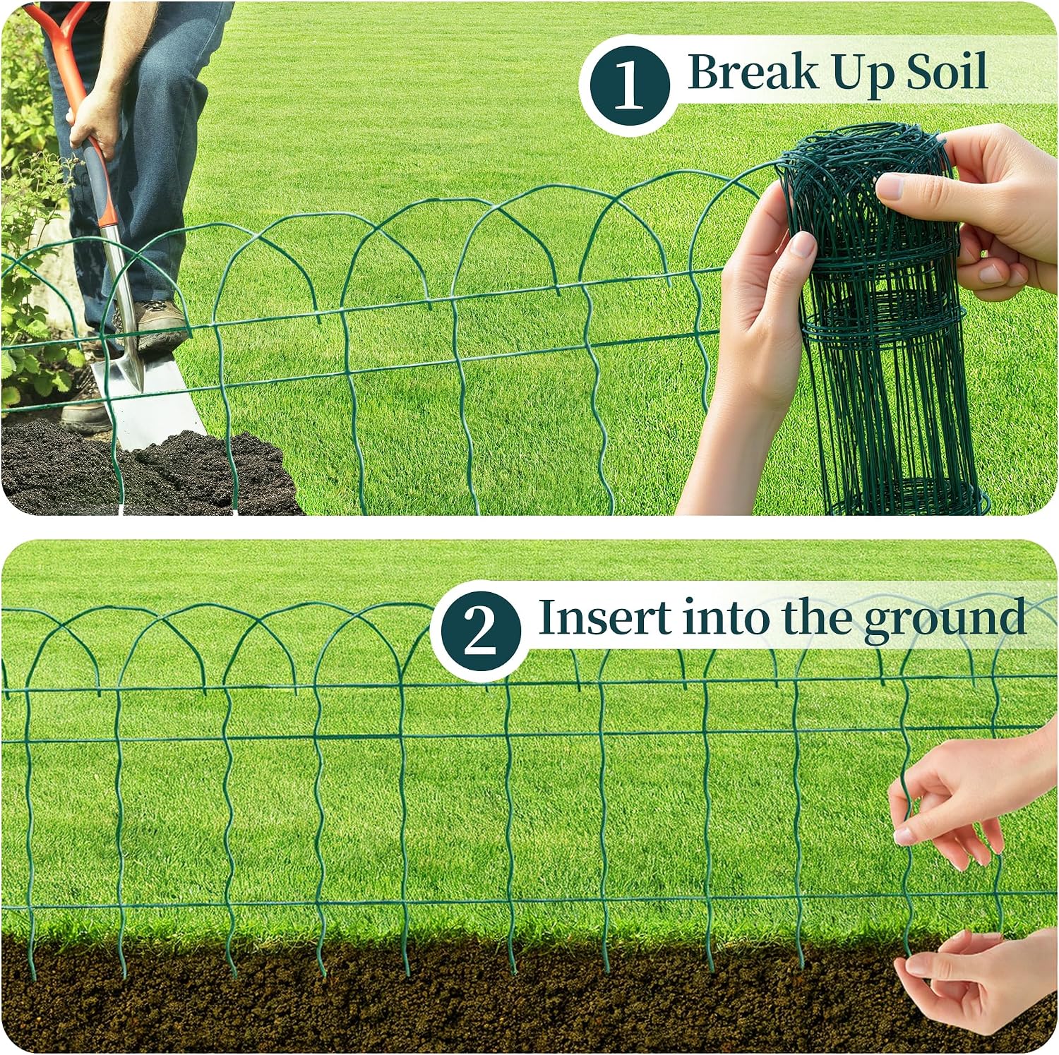 PROWORX Green Small Garden Fence Border Curve Wire Fencing 14”x40’(2 Rolls) | 2 Pack Metal Folding Decorative Flower