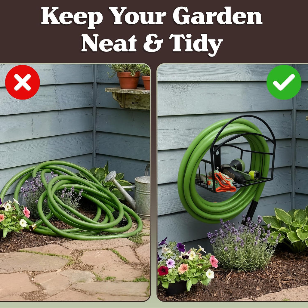 Garden Hose Holder Wall Mount with Storage Basket - Rust-Resistant Steel Outdoor Water Hose Hanger Hook for 100ft of
