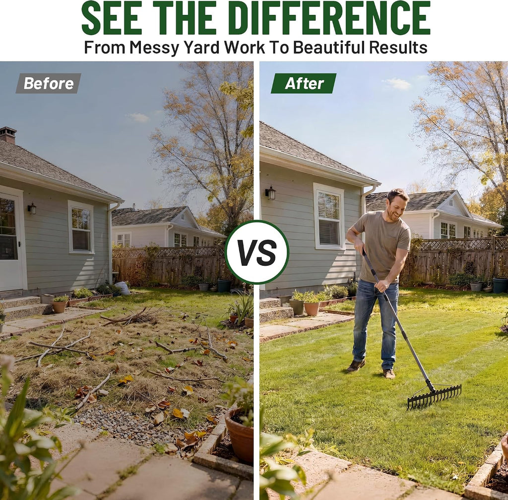 Walensee Heavy Duty Dual-Sided Bow Rake, 63" Stainless Steel Handle, Heat-Treated Manganese Steel Head, 17 Steel Tines