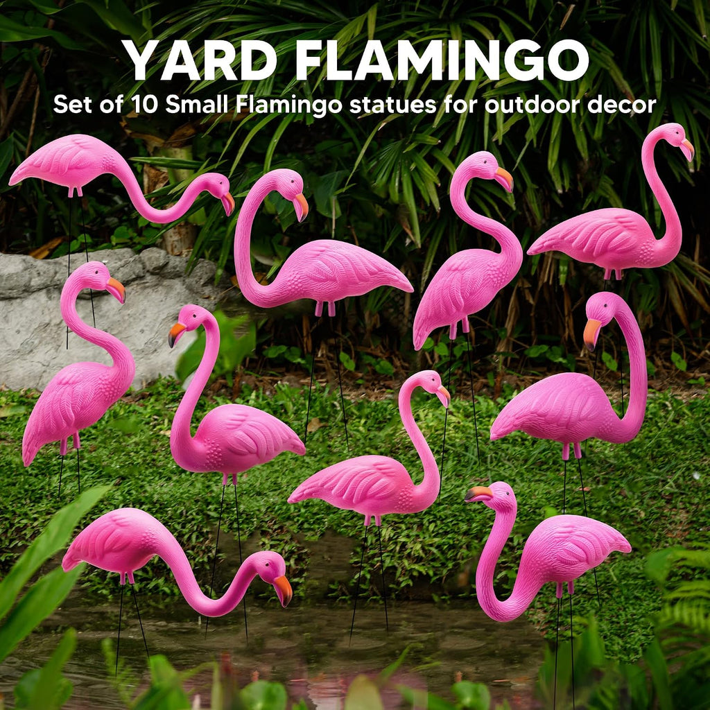 JOYIN 10 Pack Small Yard Flamingos Ornament Stakes, Mini Pink Flamingo Yard Decorations, Mini Lawn Plastic Flamingo