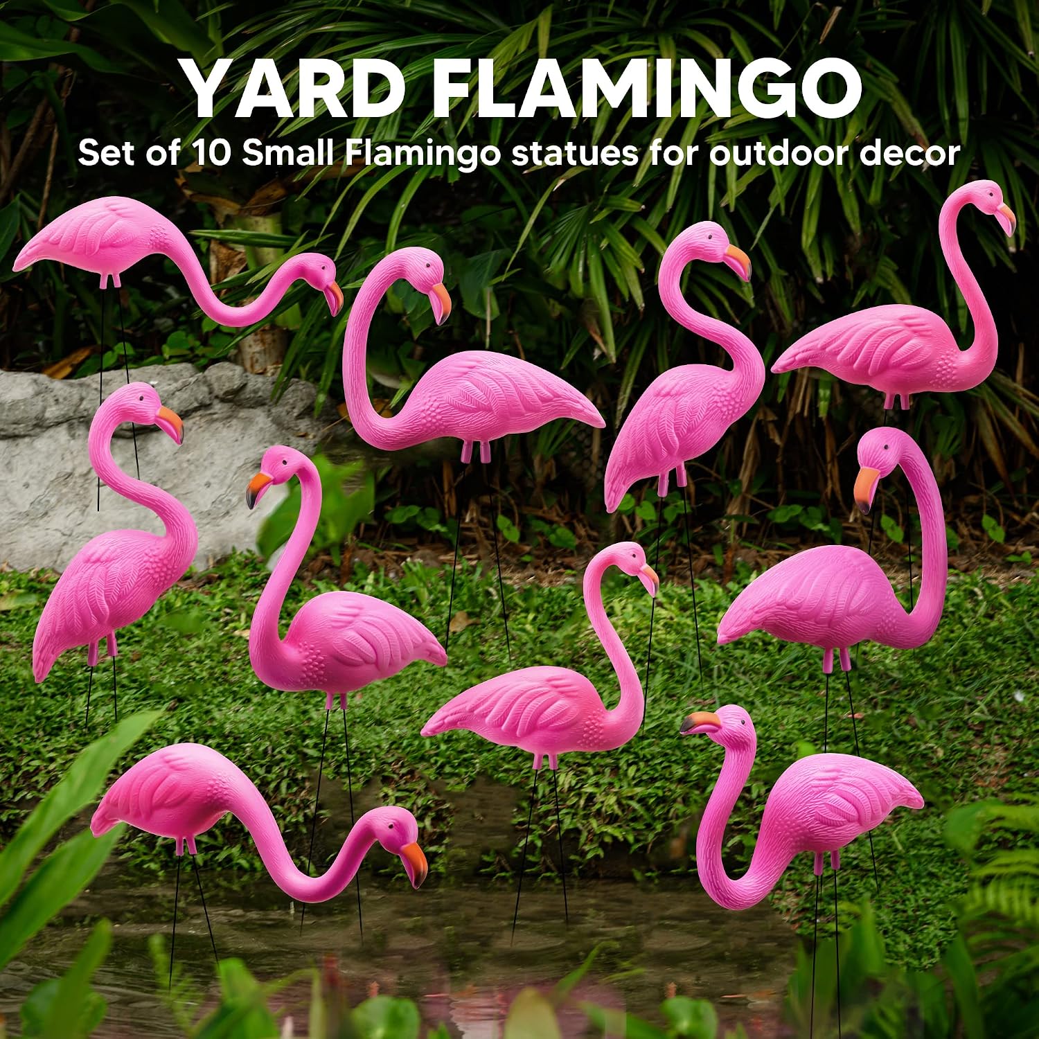 JOYIN 10 Pack Small Yard Flamingos Ornament Stakes, Mini Pink Flamingo Yard Decorations, Mini Lawn Plastic Flamingo