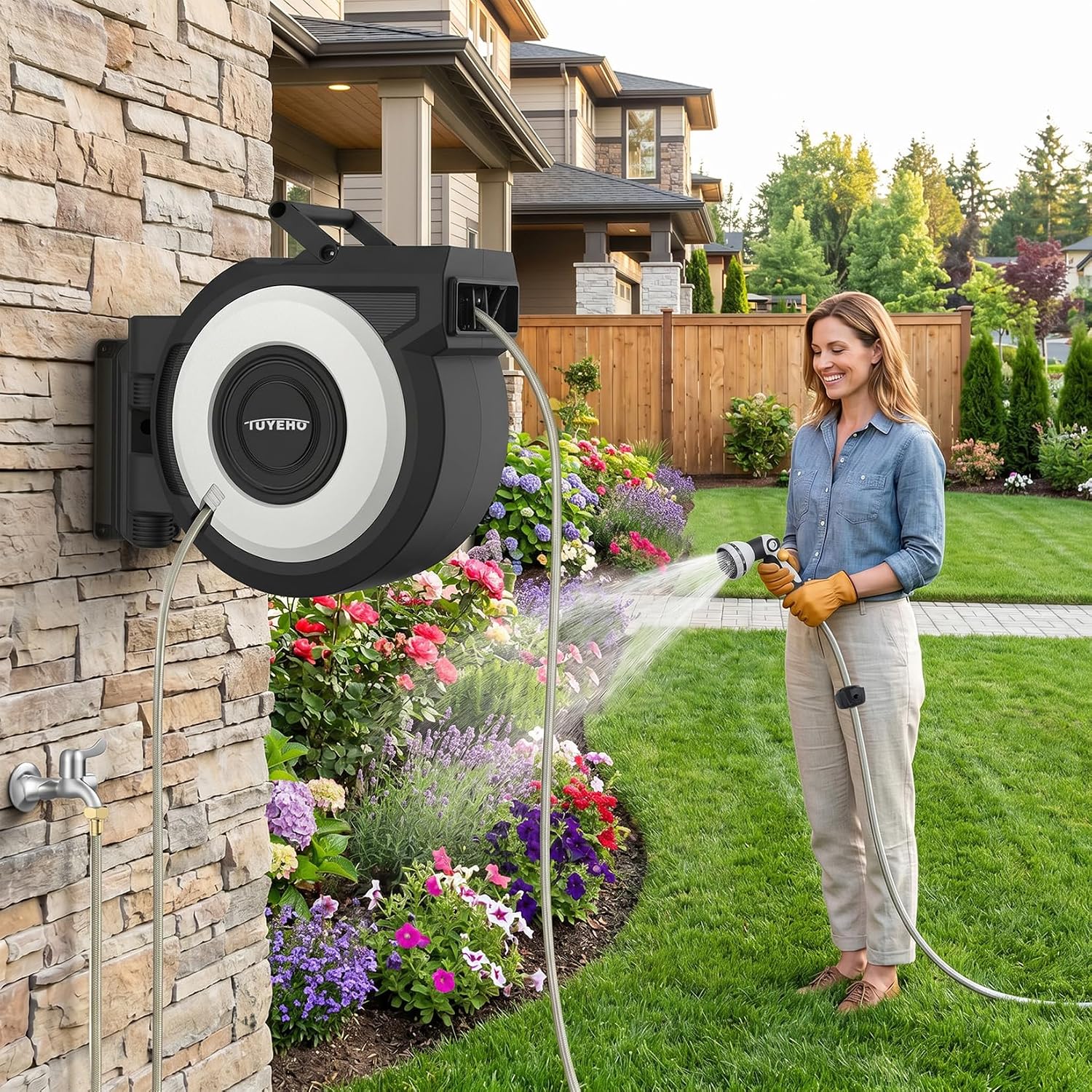 Tuyeho Heavy-Duty Automatic Retractable Garden Hose Reel 100FT Wall Mount | Lifetime Service, 2 Nozzle, Auto Rewind