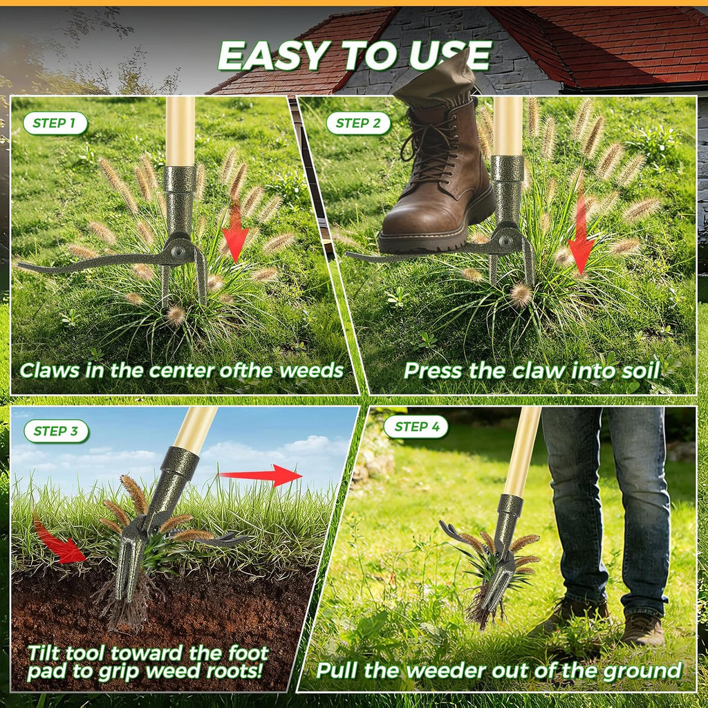 Weed Puller Tool, Stand Up Heavy Duty Weed Remover Tool with Long Handle – 4-Claw Steel Head Weeder for Dandelions