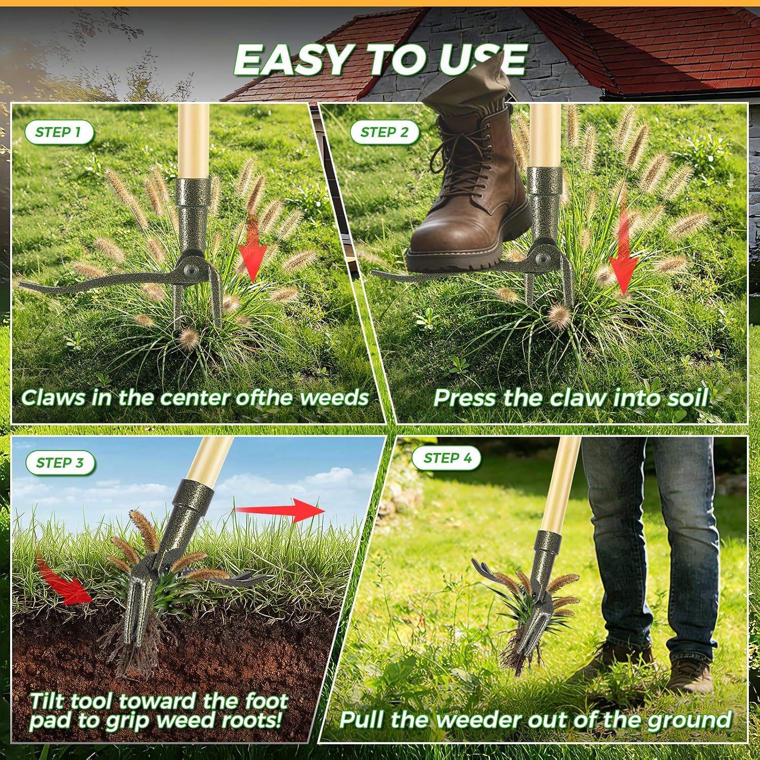 Weed Puller Tool, Stand Up Heavy Duty Weed Remover Tool with Long Handle – 4-Claw Steel Head Weeder for Dandelions