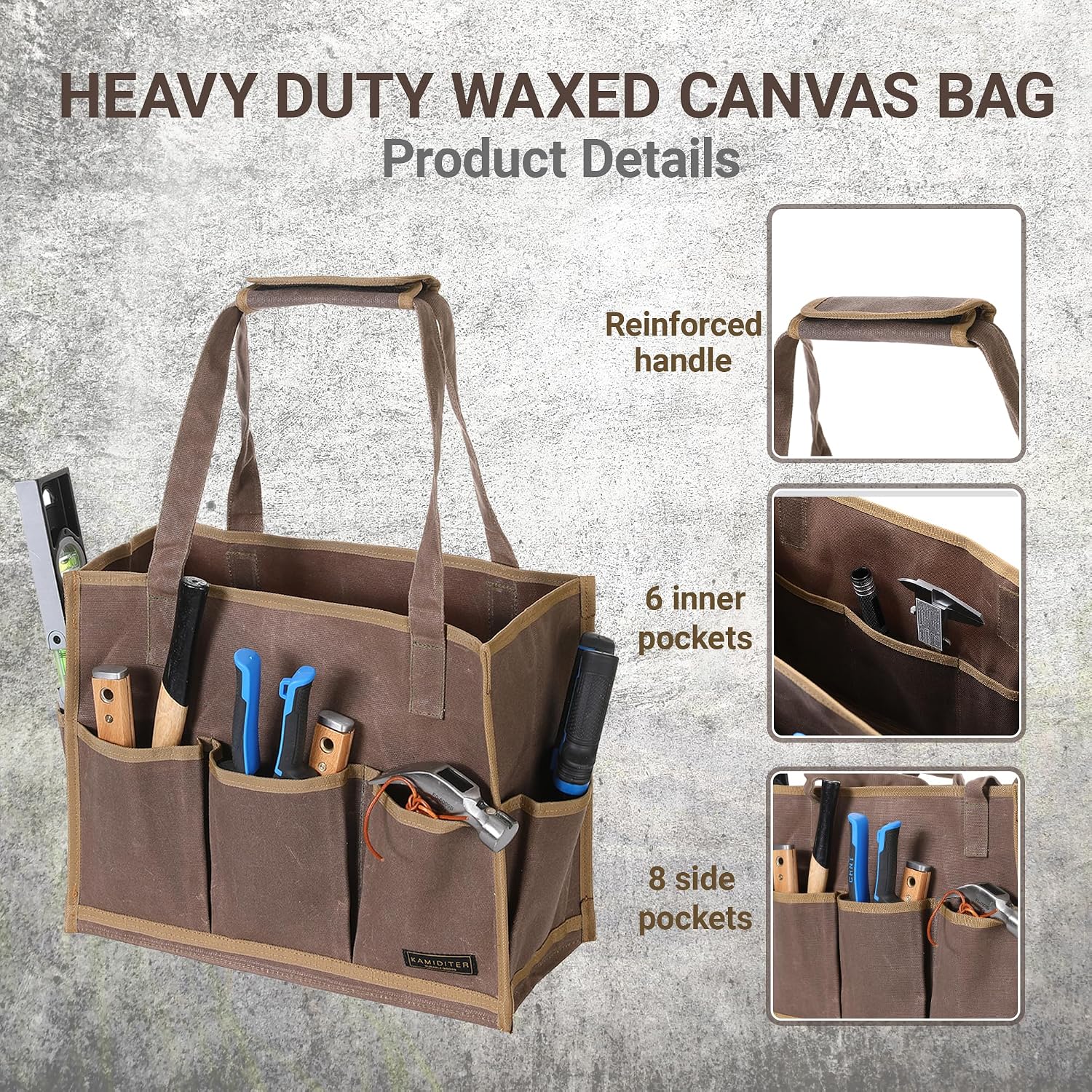 Heavy-Duty Waxed Canvas Tool Pouch - 14-Pocket Garden Tool Organizer with Removable Handle | Multi-Compartment Storage