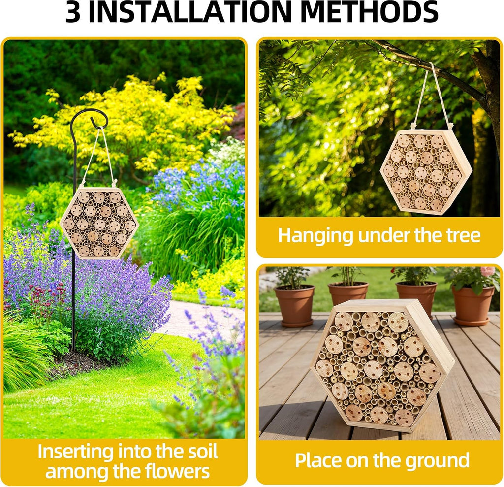 Mason Bee House, Natural Wooden Hexagon Bee House with Metal Stake & Cleaning Brush, Hanging Bees Box Habitat to