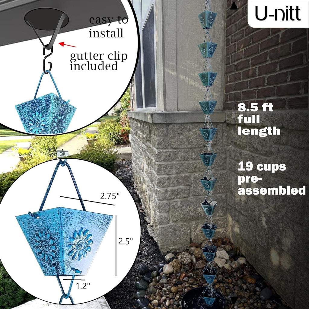 U-nitt Rain Chain Water Collection for Gutters Rainwater Catcher & Diverter, 8.5 FT Chains for Outside Garden Patina