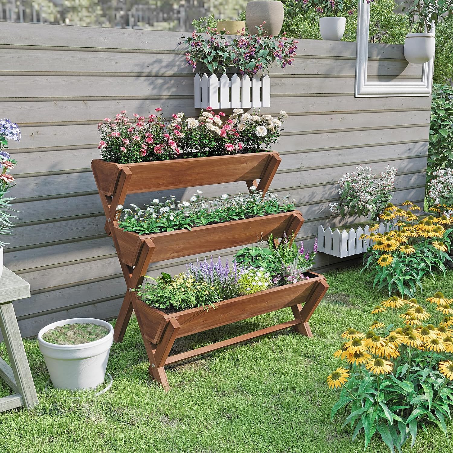 3 Tier Vertical Garden Planter,Raised Garden Bed,Planter Box,Fir Wood Freestanding Elevated Herb Stand Tower,Flower