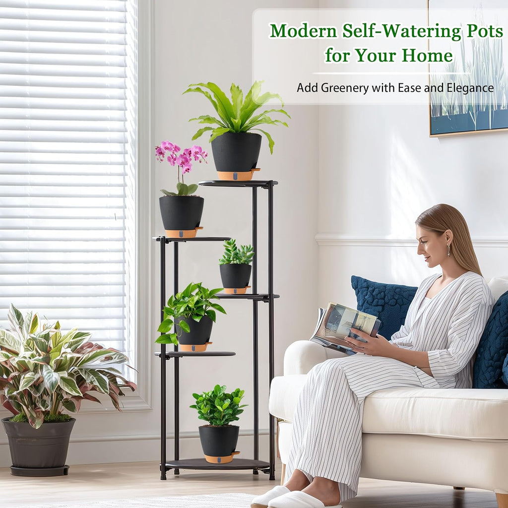 Self Watering Pots for Inoor Ourdoor Plants 8/7/6.5/6/5" Plastic Planters | Drainage Holes & Water Level Indicator
