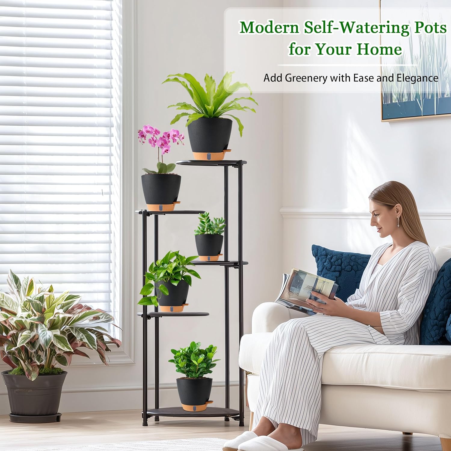 Self Watering Pots for Inoor Ourdoor Plants 8/7/6.5/6/5" Plastic Planters | Drainage Holes & Water Level Indicator