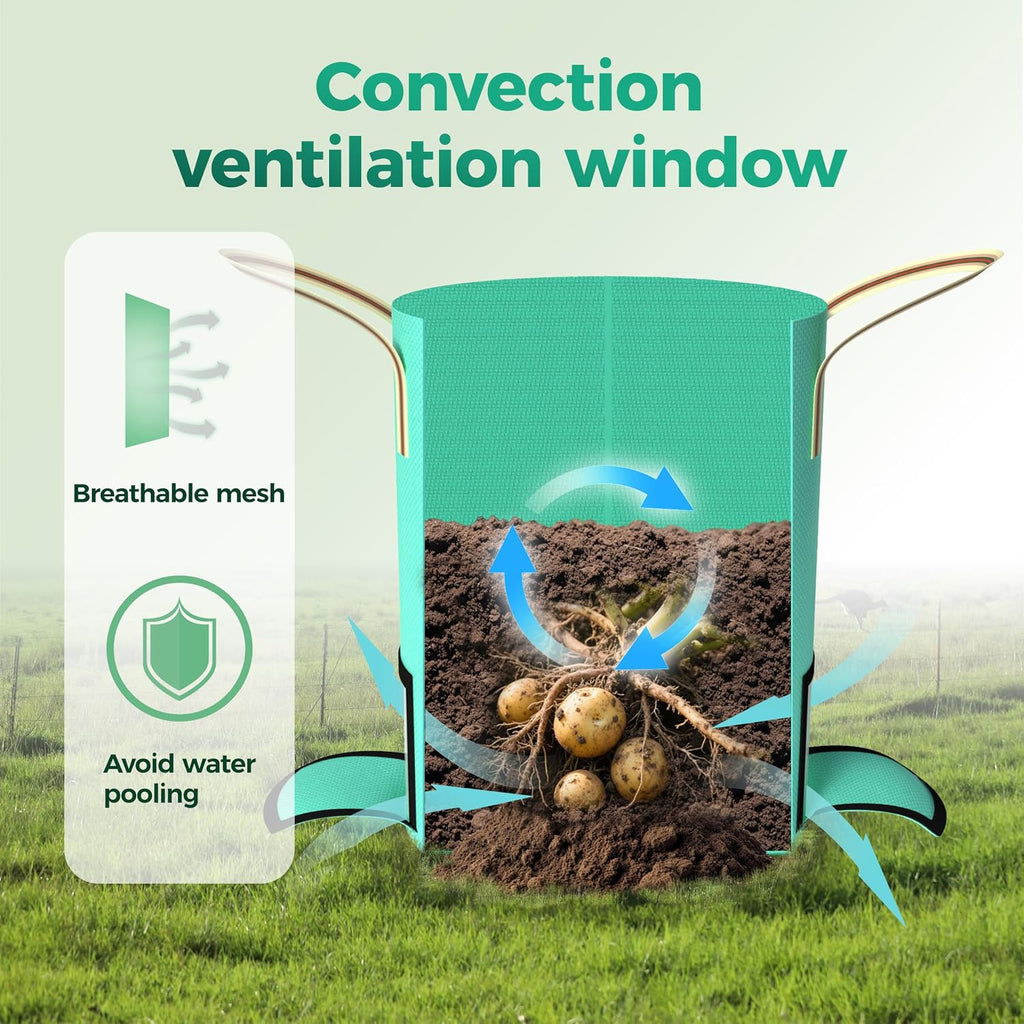 4 Pcs 15 Gallon Potato Grow Bags with Harvest, Breathable Window | Anti-evaporation PE Garden Planter Bag with 2
