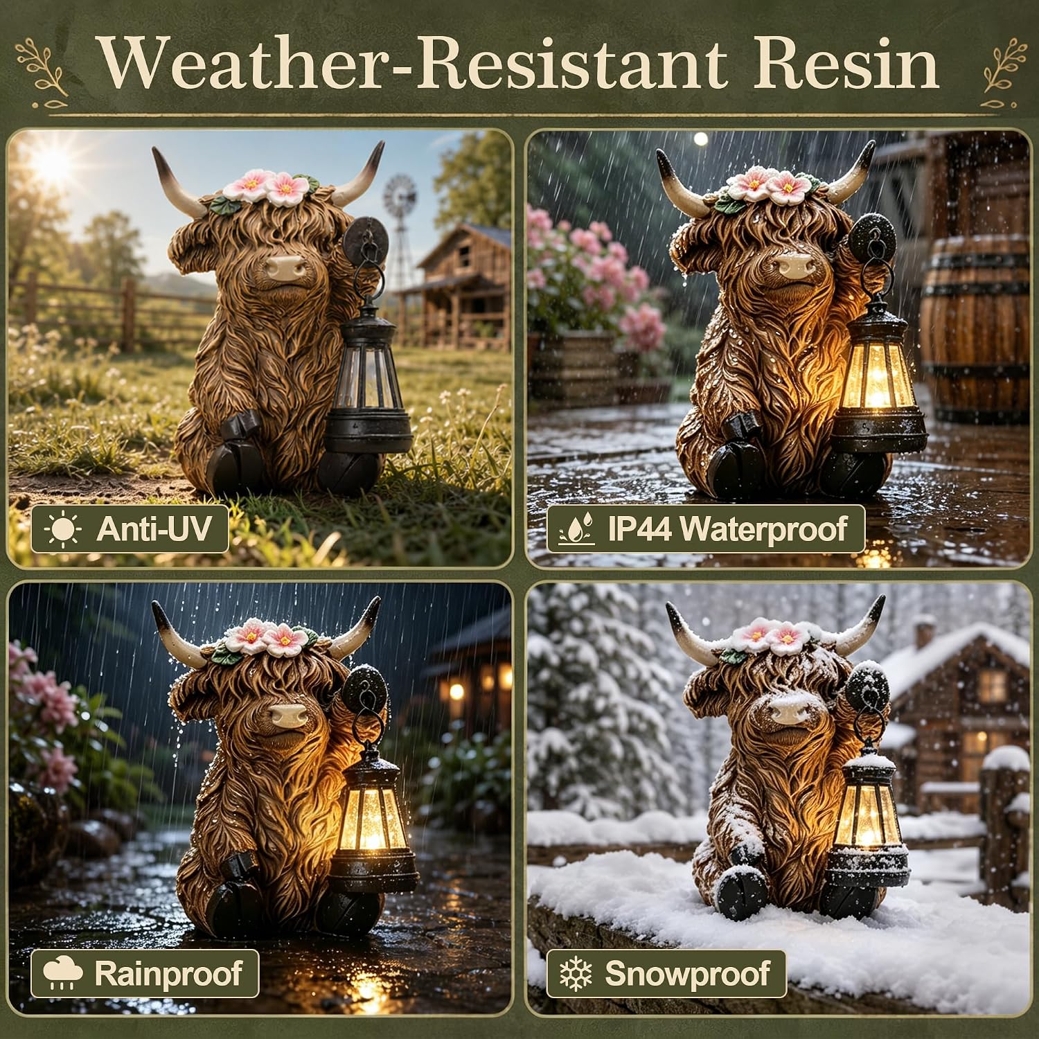Solar Highland Cow Outdoor Garden Statue, Waterproof Resin Highland Cow Figurines with Lantern, Yard Animal Decorations