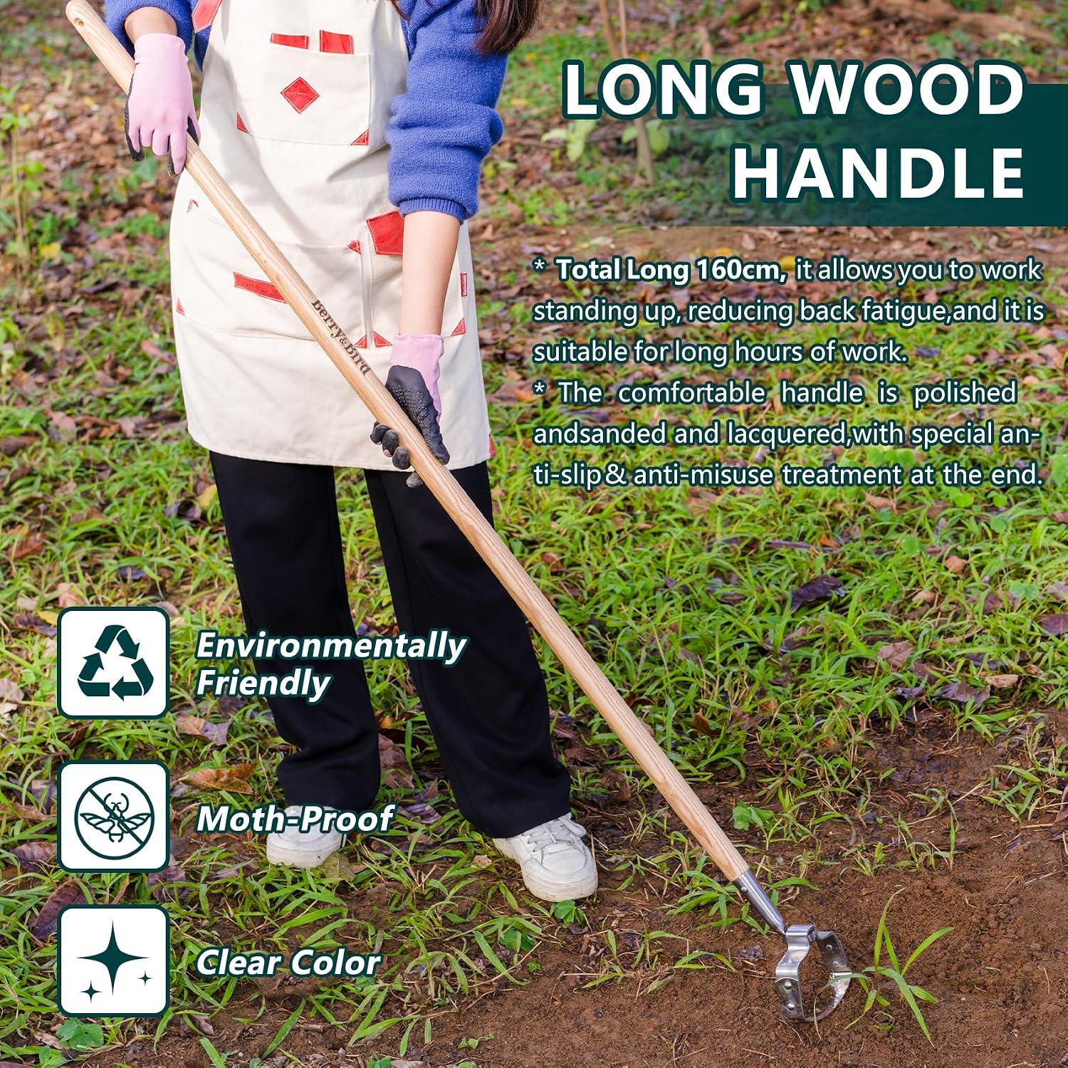 Berry&Bird Action Hoe, 63'' Stainless Steel Hula Stirrup Hoe, Wooden Grip | Dual-edge stainless steel loop blade