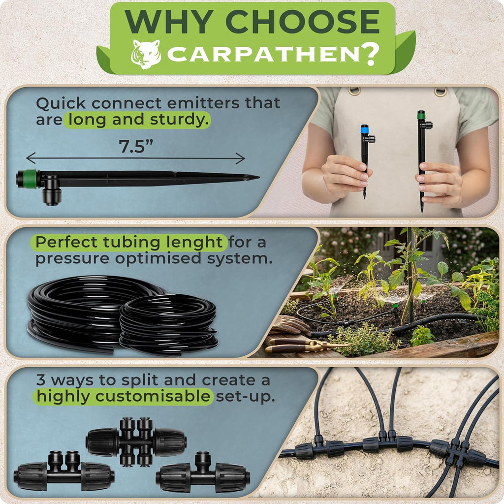 Quick Connect Drip Irrigation System Kit with Sprinkler, 100 feet | For Garden, Yard, Raised Beds, Plants, Lawn, with