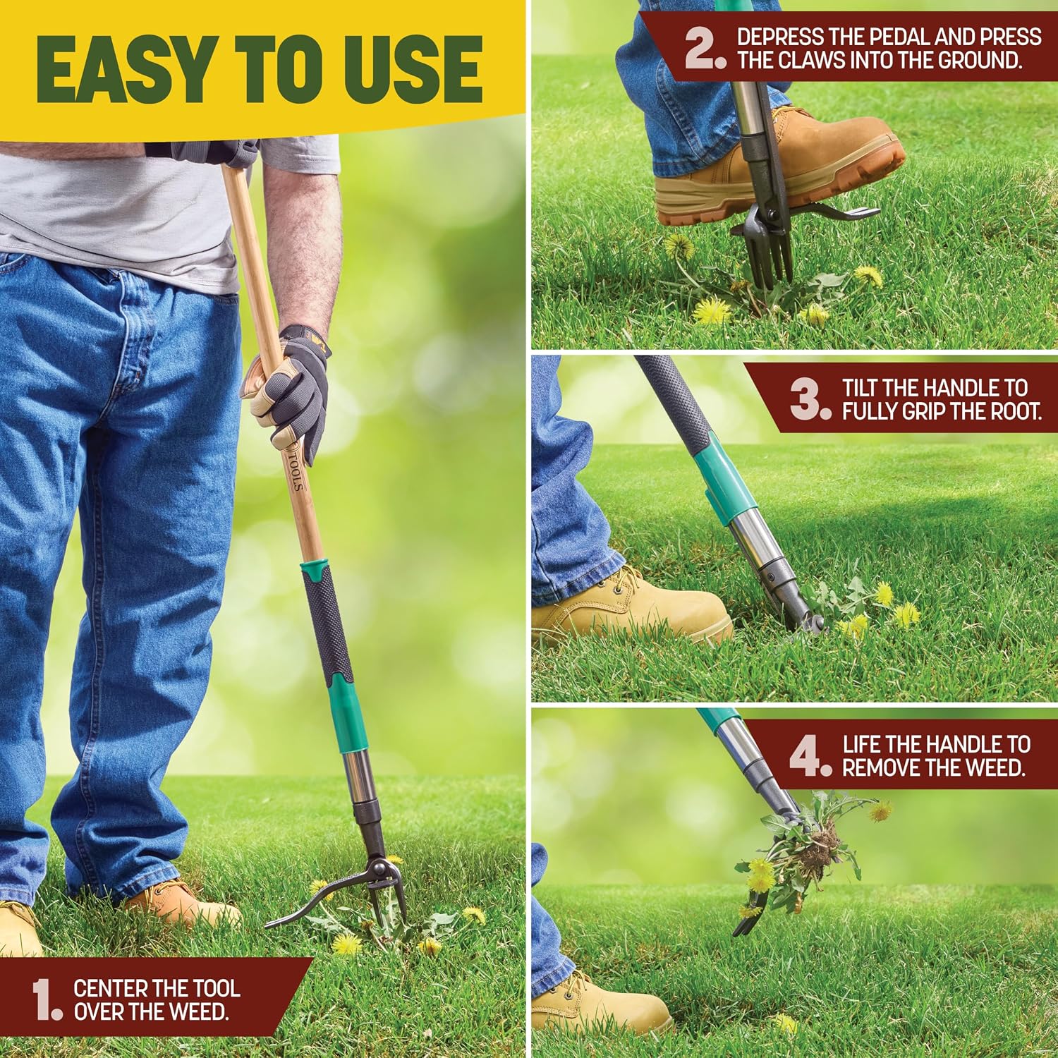 Papa's Tools Weed Puller Tool, 44" Stand Up Weeder Garden Tools & 4 Claw Steel Head, Dual Weed Eject Tech. Made with