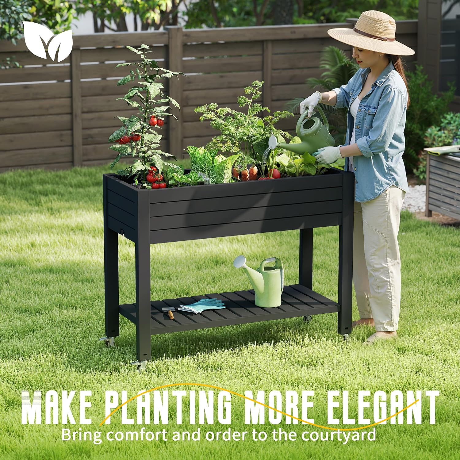 21 Gallon Raised Garden Bed with Legs and Wheels, Raised Planter Box with Drainage Plug and Gauge, Lower Shelf for