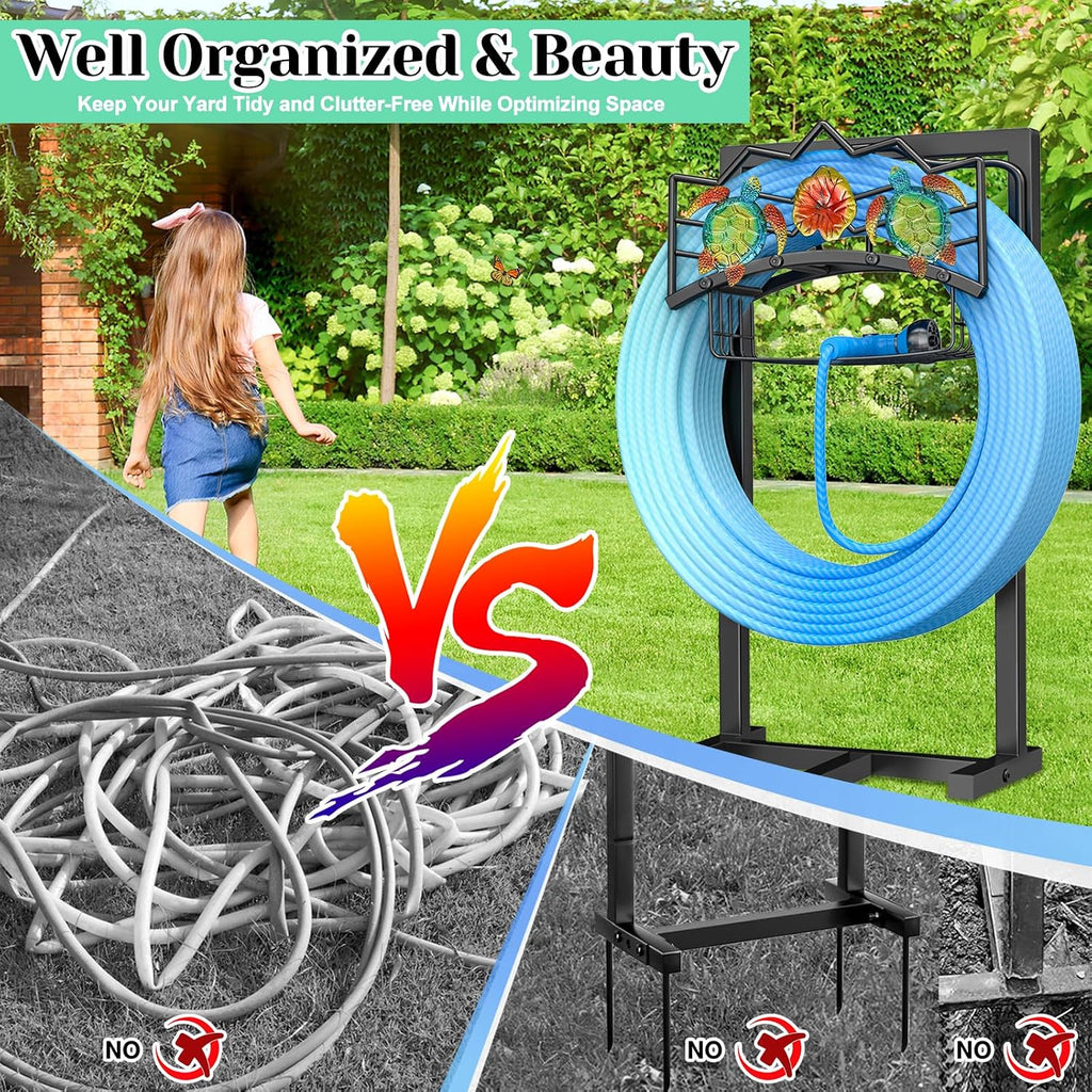 Garden Water Hose Holder 5 Spikes, Freestanding Hose Stand for Outside Yard | Water Hose Reel Stand with Storage Basket
