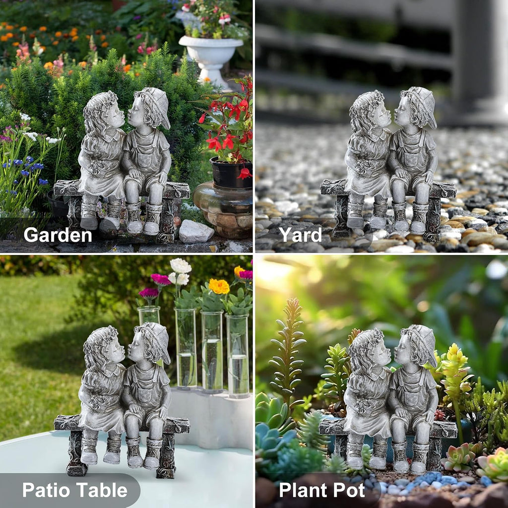 Lily's Home 8.25-Inch First Kiss Statue - Resin Garden Decor for Outside - Outdoor and Garden Decorations - Little Girl