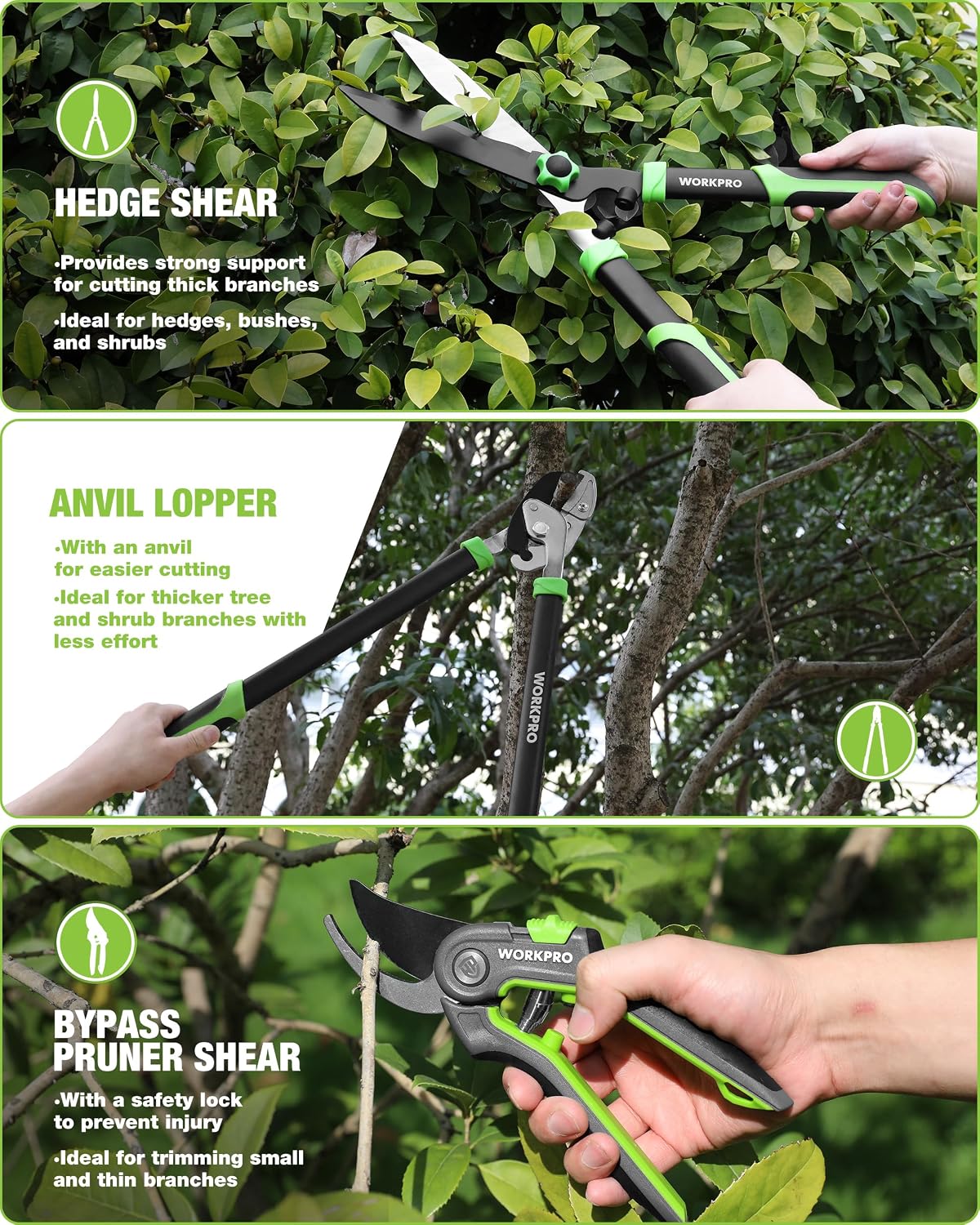 WORKPRO 3-Piece Garden Shears Set, Heavy-Duty Gardening Clippers | Includes 20” Hedge Shear, 24” Anvil Lopper & 8”