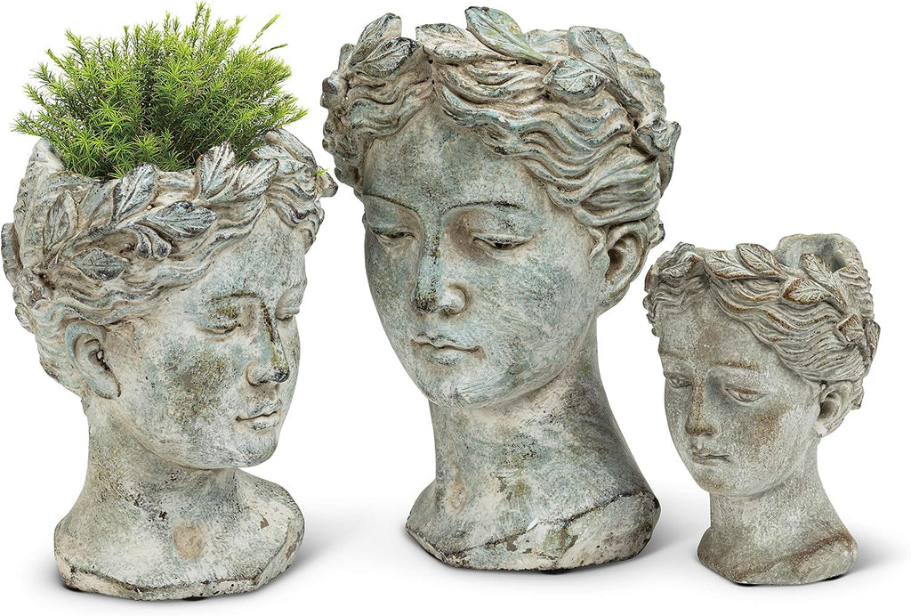 Abbott Collection Extra Small Woman Head Planter | Hand-Finished Greco-Roman Style, Cement, Gray, 6.5"H