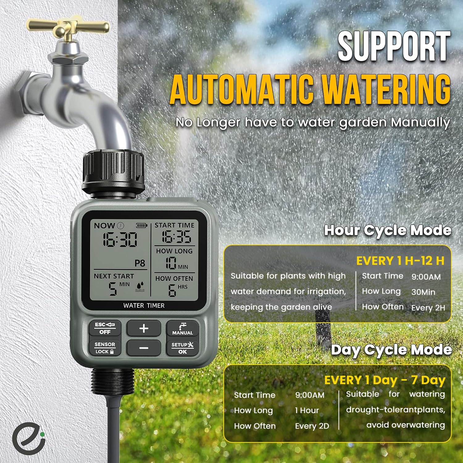 Egardenkart, Sprinkler Timer Outdoor - Water Timer for Garden Hose with Automatic, Manual, Rain Delay Mode | Large