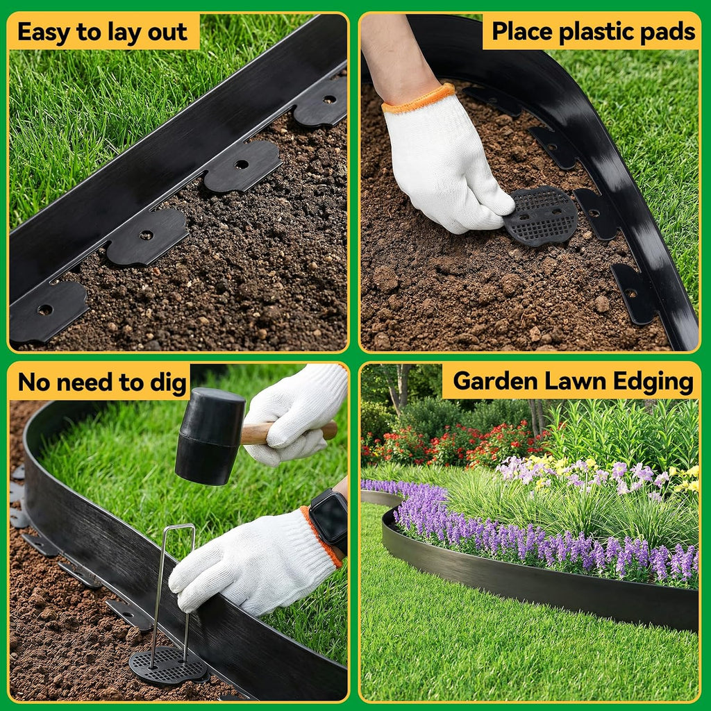 4 Inch Tall No Dig Landscape Edging, 20 FT Heavy Duty Plastic Garden Border Kit with 25 Metal Stakes, Durable