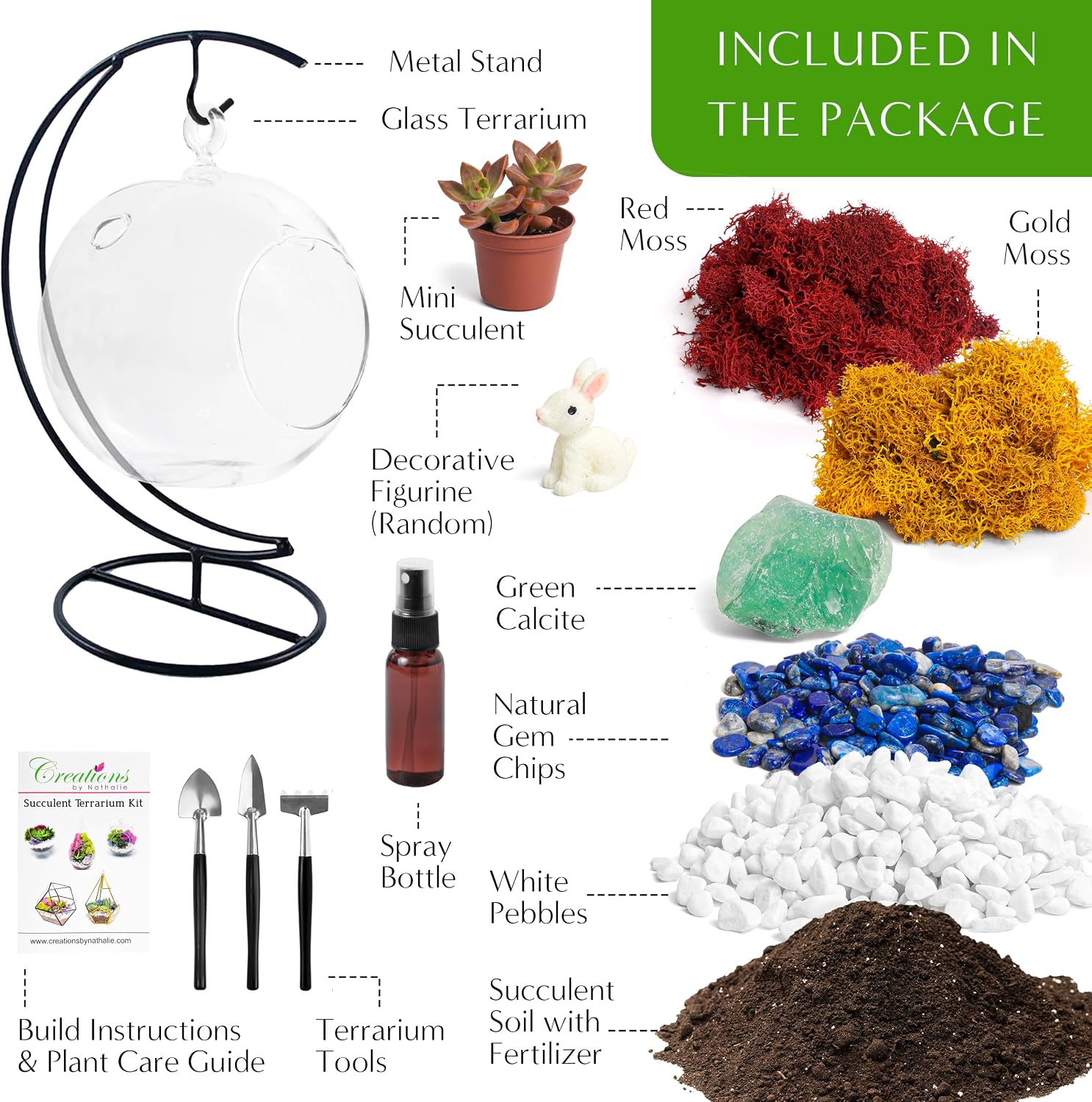 Creations by Nathalie - 5" Glass Globe Succulent Terrarium Kit, Hanging DIY Starter Kit for Kids and Adult, Metal