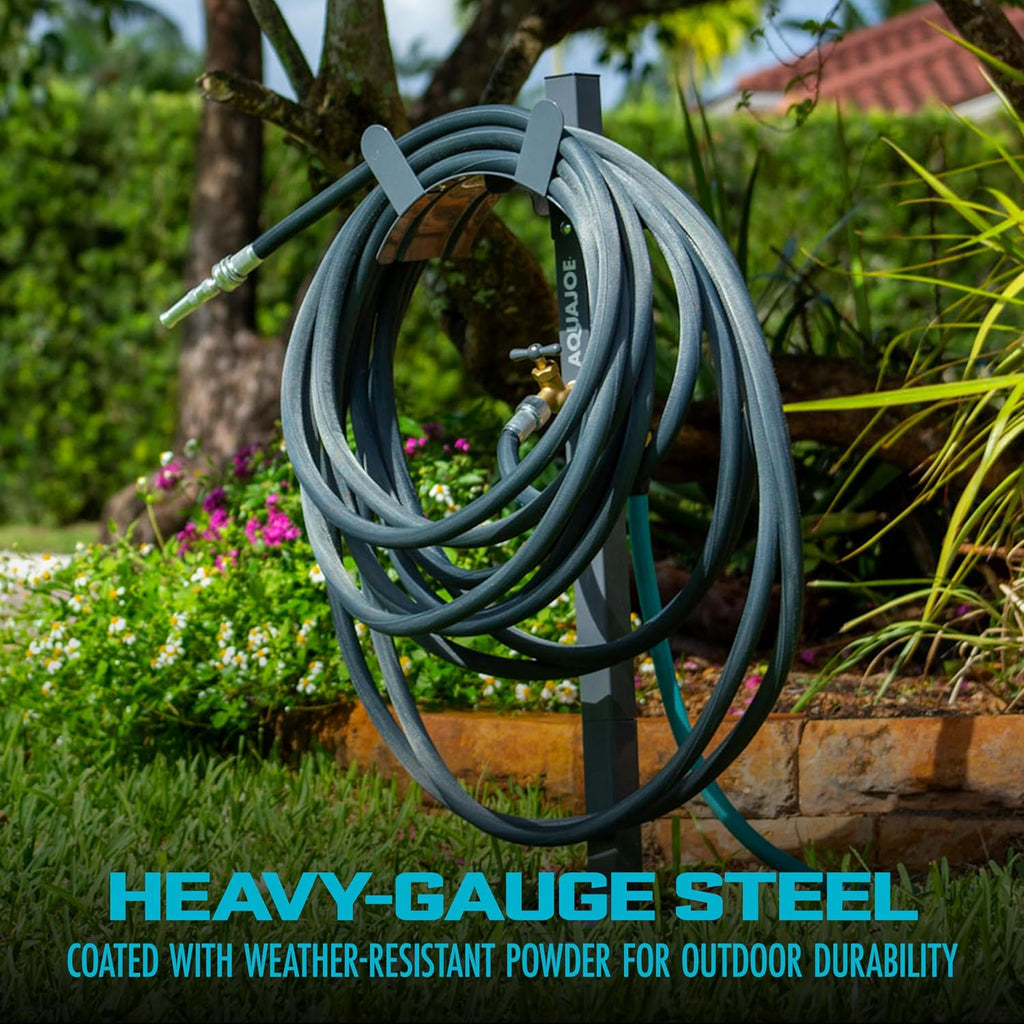 Aqua Joe SJ-SHSBB3LIH Garden Hose Stand with Brass Faucet and 3 ft Lead in Hose, Gray