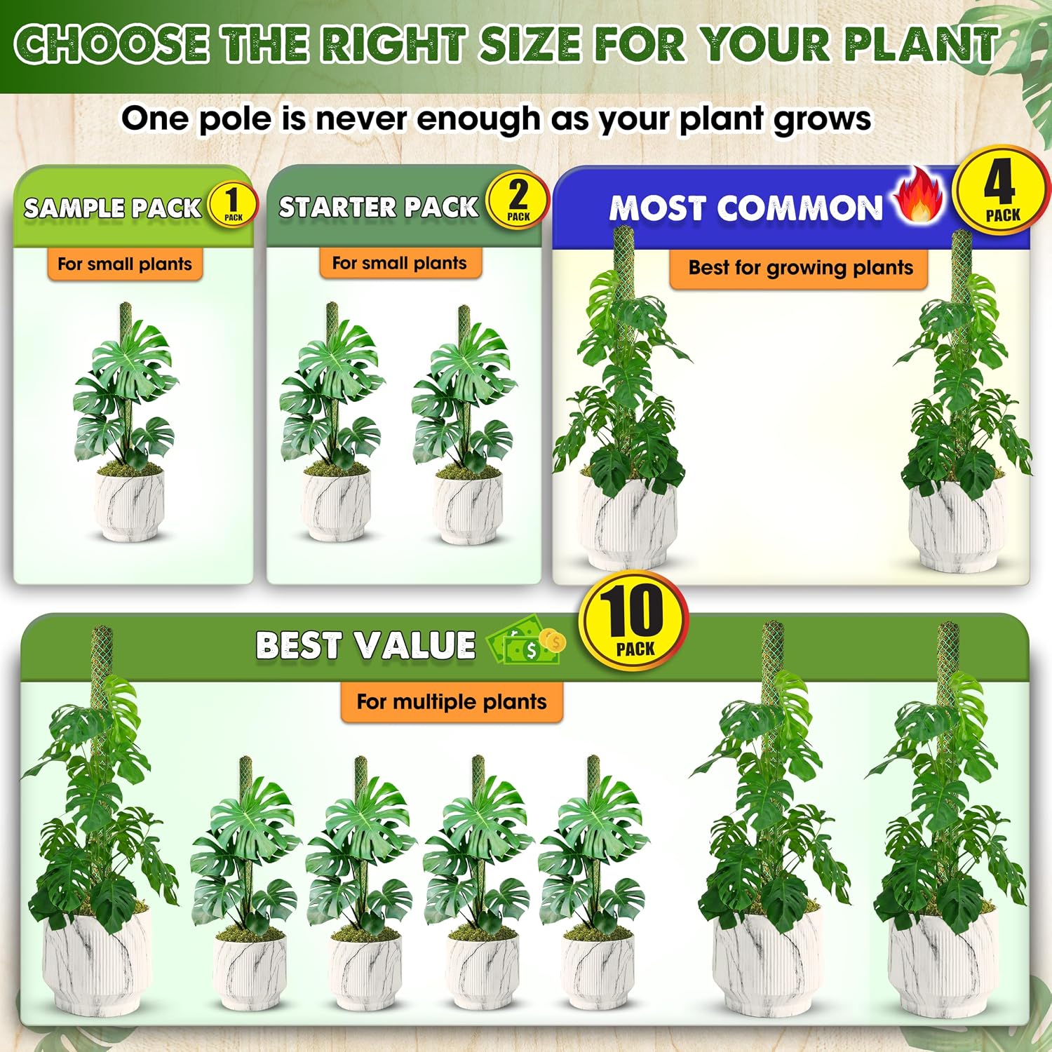 4 Pack 22" Green Stackable Mesh Moss Pole for Plants | Extendable Up to 71", Natural Forest Moss Pole Monstera Plant