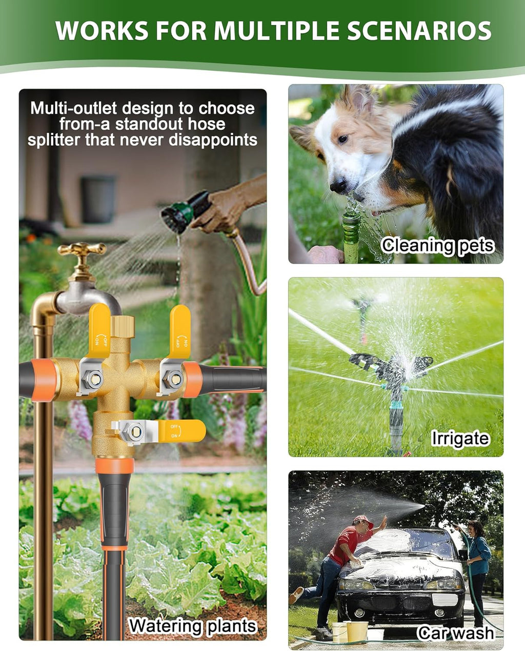 Garden Hose Splitter, 3 Way Heavy Duty Brass hose splitter, Water Hose Bib Spigot Splitter with 0.59" Full Flow Ball