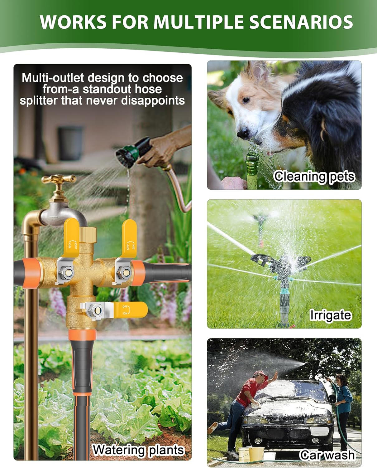 Garden Hose Splitter, 3 Way Heavy Duty Brass hose splitter, Water Hose Bib Spigot Splitter with 0.59" Full Flow Ball