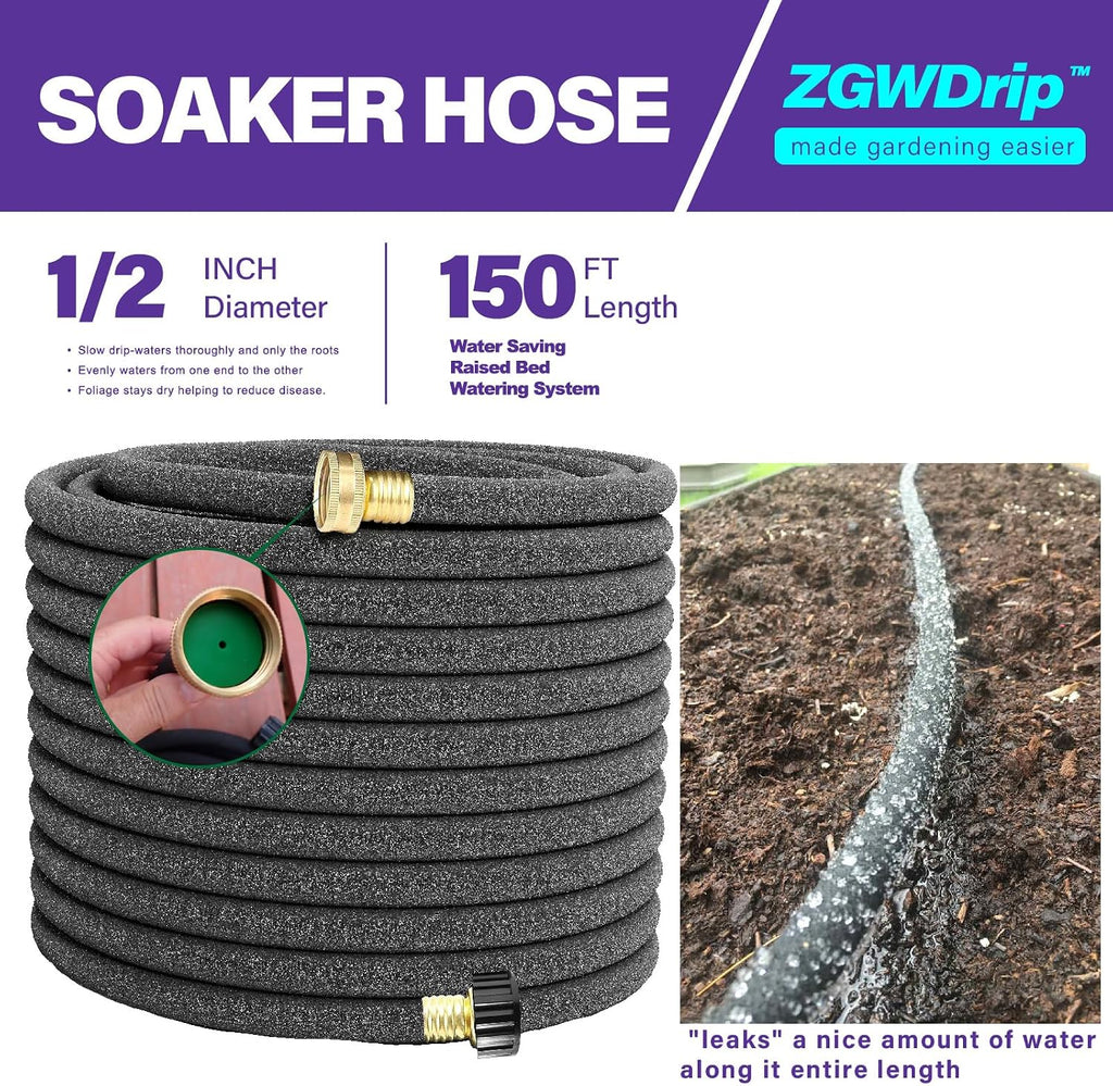 150FT 1/2" Water-Saving Soaker Hose with Solid Brass Connectors, Drip Irrigation Kit for Lawn & Landscaping with Metal