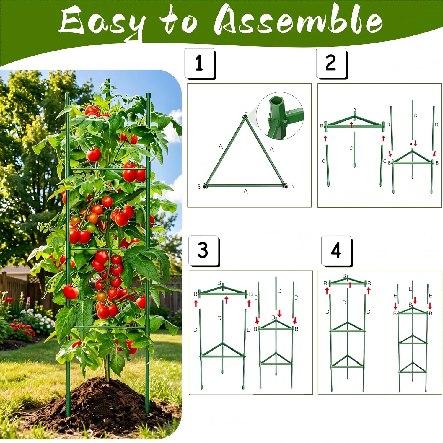 6 Pack Tomato Cages for Garden, 51.2 Inch Tall Adjustable Tower Tomato Trellis for Raised Garden Bed, Heavy Duty Metal