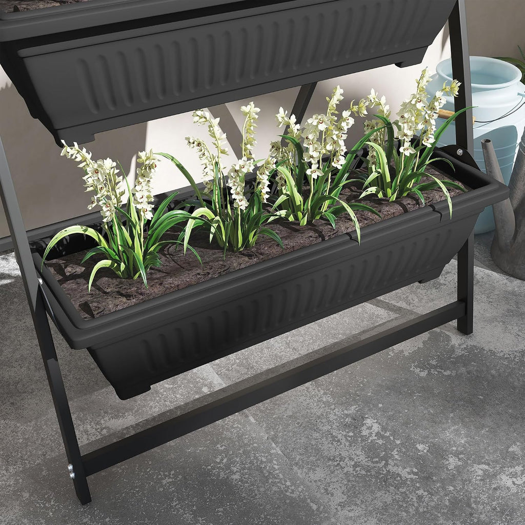 Outsunny Raised Garden Bed 4 Tier Vertical Planter Set with Stand, Black | 4 Outdoor Planter Boxes, Self Draining