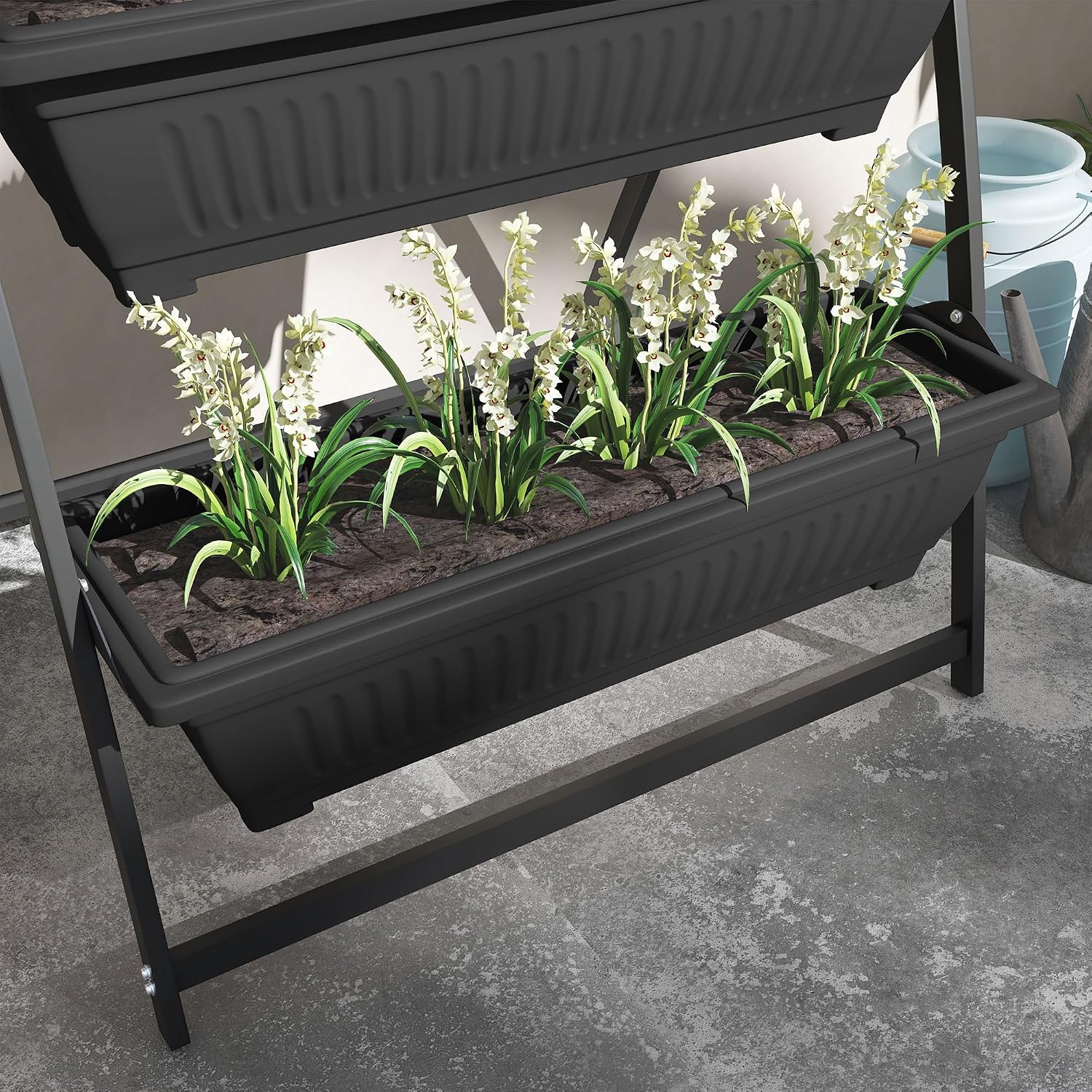 Outsunny Raised Garden Bed 4 Tier Vertical Planter Set with Stand, Black | 4 Outdoor Planter Boxes, Self Draining