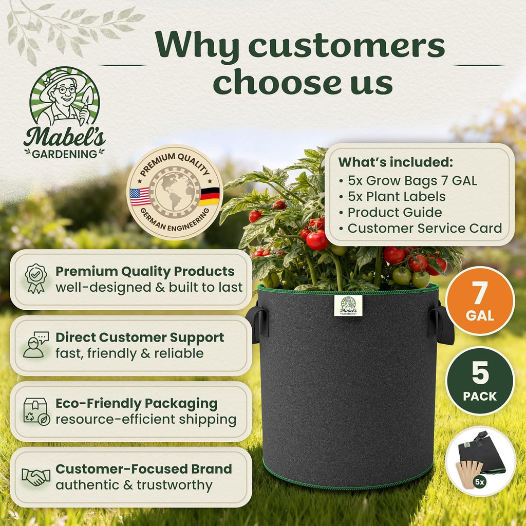 Mabel's Gardening 5-Pack 7 Gallon Grow Bags - Garden Planting Bags 13.4 x 11.4 INCH Made of 8.85 oz/yd² (300g/m²) Felt