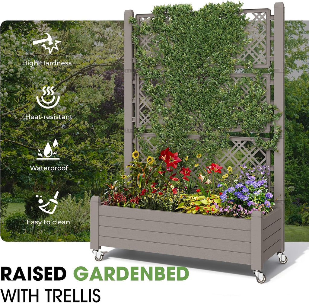 Fancyango Raised Garden Bed with Wheels 61.2" H -Gray | Resin Elevated Garden Planter Box with Trellis, Outdoor Planter