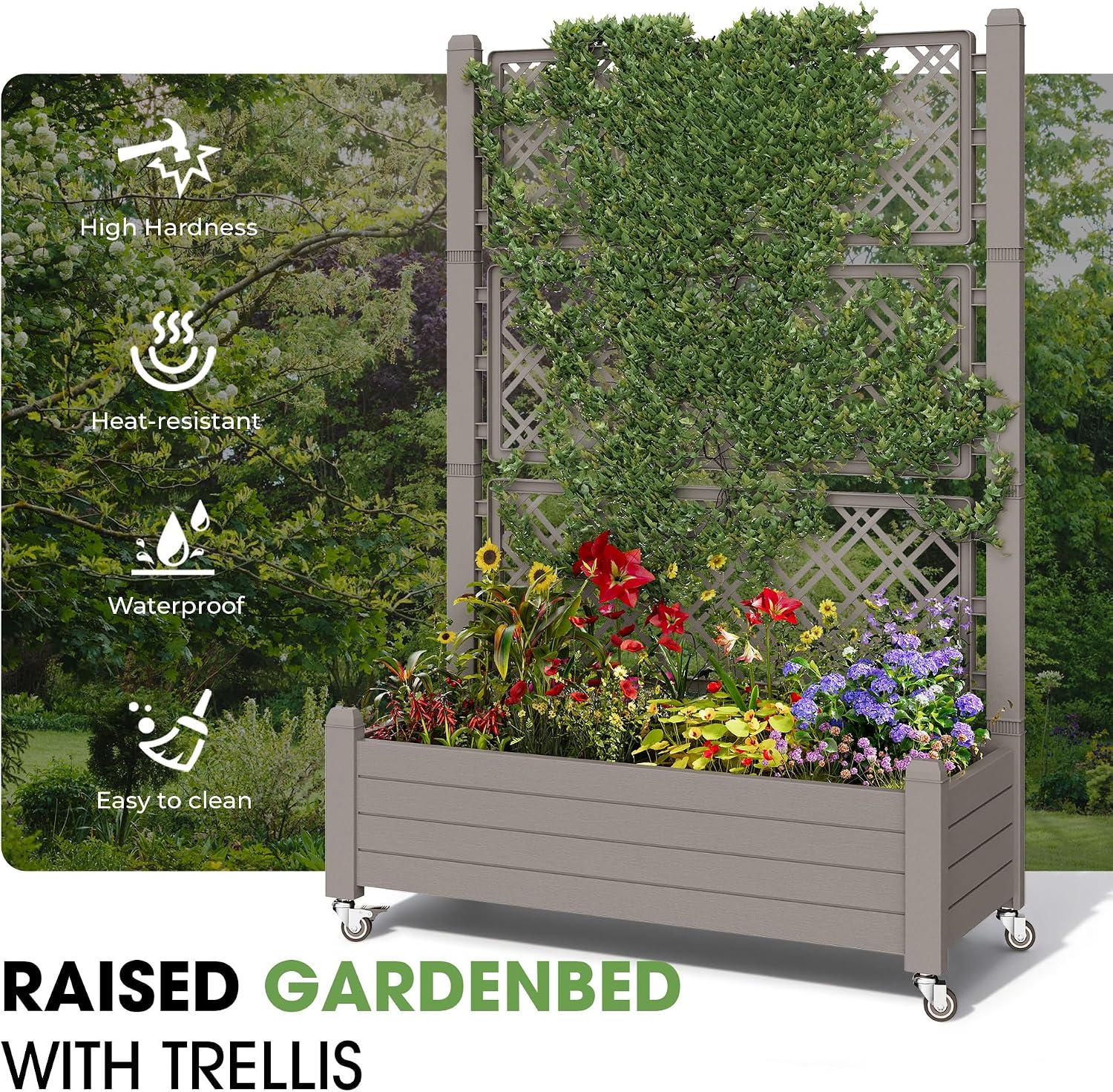 Fancyango Raised Garden Bed with Wheels 61.2" H -Gray | Resin Elevated Garden Planter Box with Trellis, Outdoor Planter