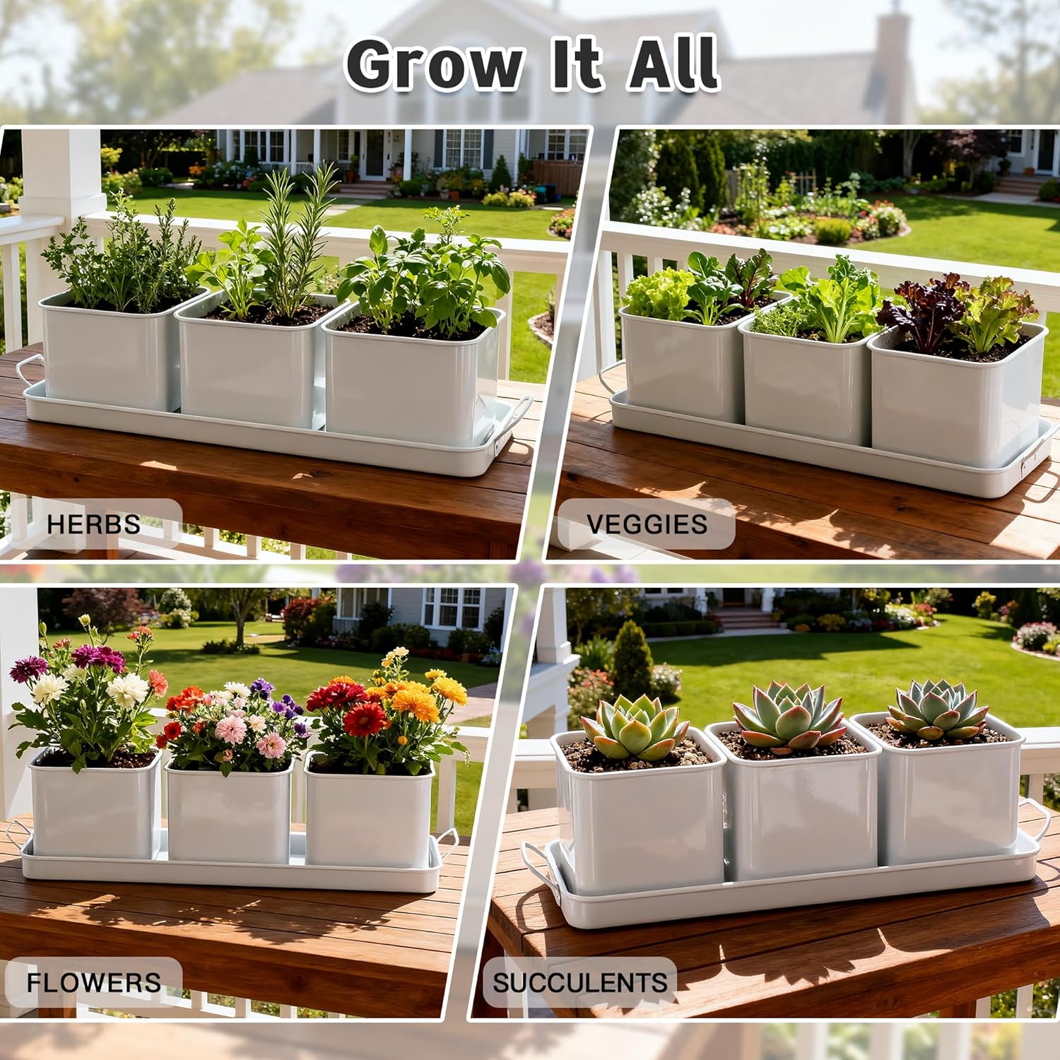 Indoor Herb Garden, Herb Planter Set with Handled Tray, 3 Iron Indoor Plant Pots with Drainage Holes, Windowsill