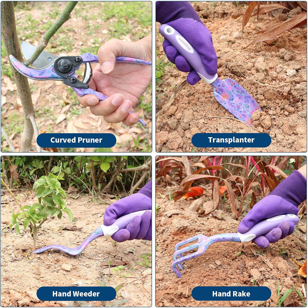 Purple Garden Tools Set 10 Pieces, Gardening Gifts for Women | Aluminum Alloy Steel Hand Tool Kit w/Non-Slip Ergonomic