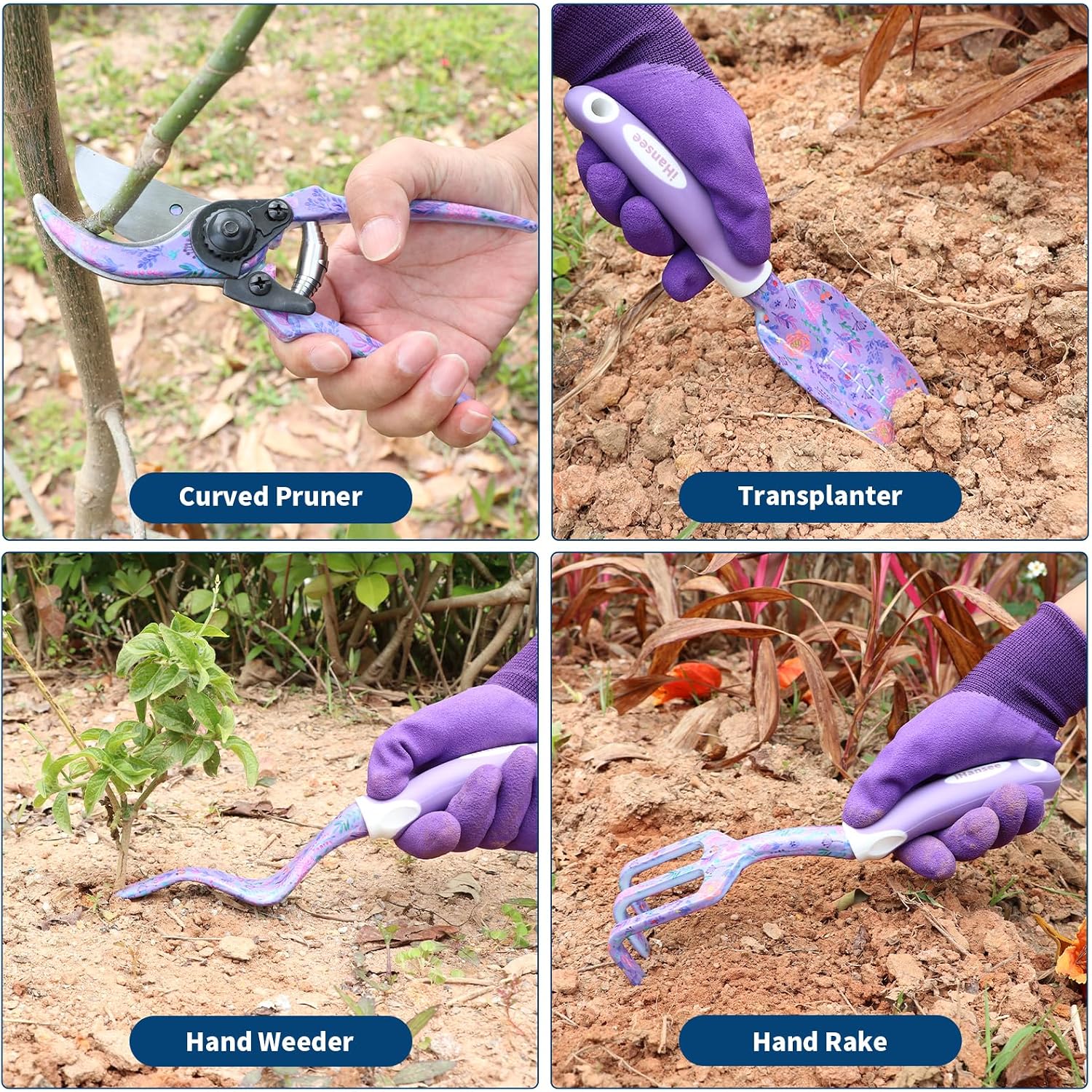 Purple Garden Tools Set 10 Pieces, Gardening Gifts for Women | Aluminum Alloy Steel Hand Tool Kit w/Non-Slip Ergonomic