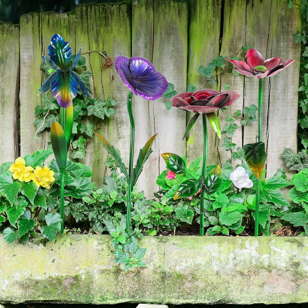 Metal Flower Garden Stake Cute Metal Flower Stick Art Ornament Decor Spring Floral Outdoor Flower Garden Stakes, 4 Pcs