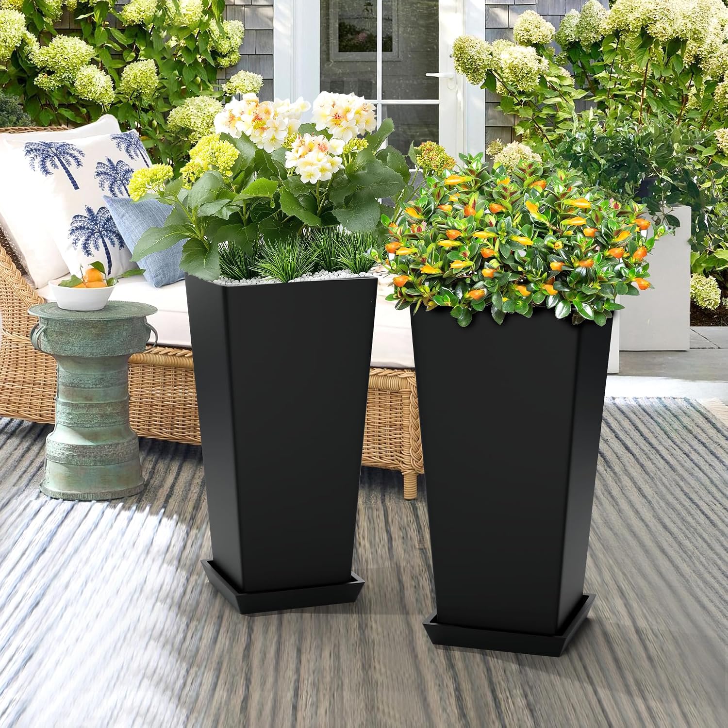 TUYOHW 24-Inch Tall Planters for Outdoor Plants, Set of 2, Black | Square tapered plastic planters with drainage trays