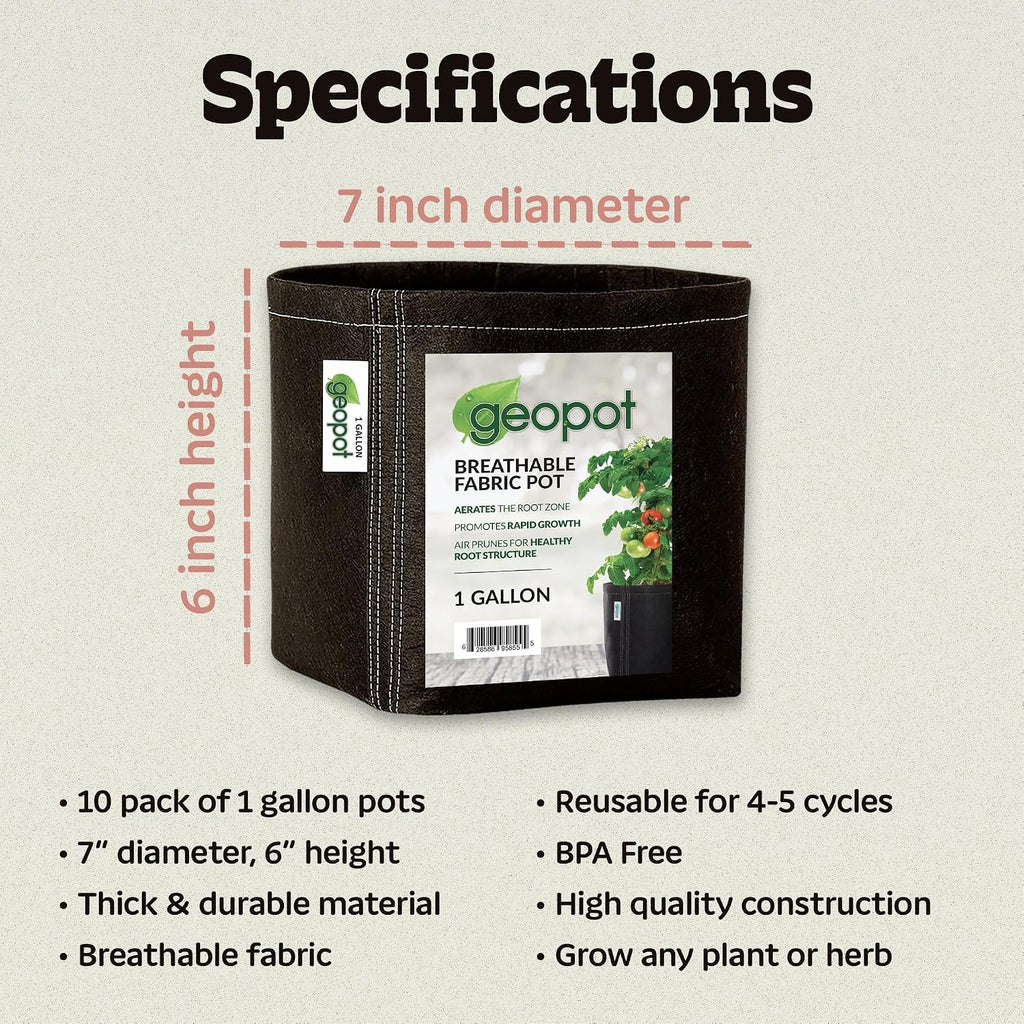 1 Gallon Fabric Grow Bags for Vegetables, Houseplants, Herbs & Flowers | 10-Pack | Fabric Pots for Outdoors and
