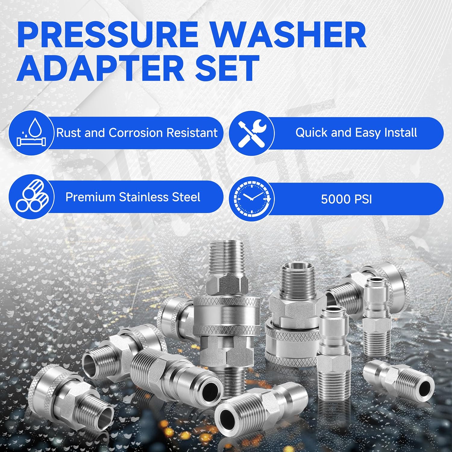 3/8" Pressure Washer Quick Connect Kit, Male NPT Thread | Stainless Steel, 5000 PSI, Power Washer Adapter Fittings,12
