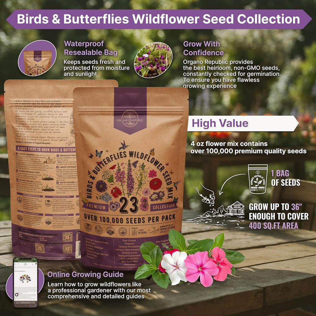 23 Wildflower Seeds Annual & Perennial Mix for Indoor & Outdoors, Attract Birds & Butterflies 100,000+ Non-GMO